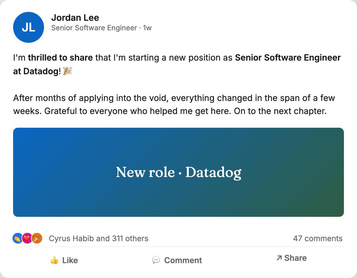 New role announcement on LinkedIn