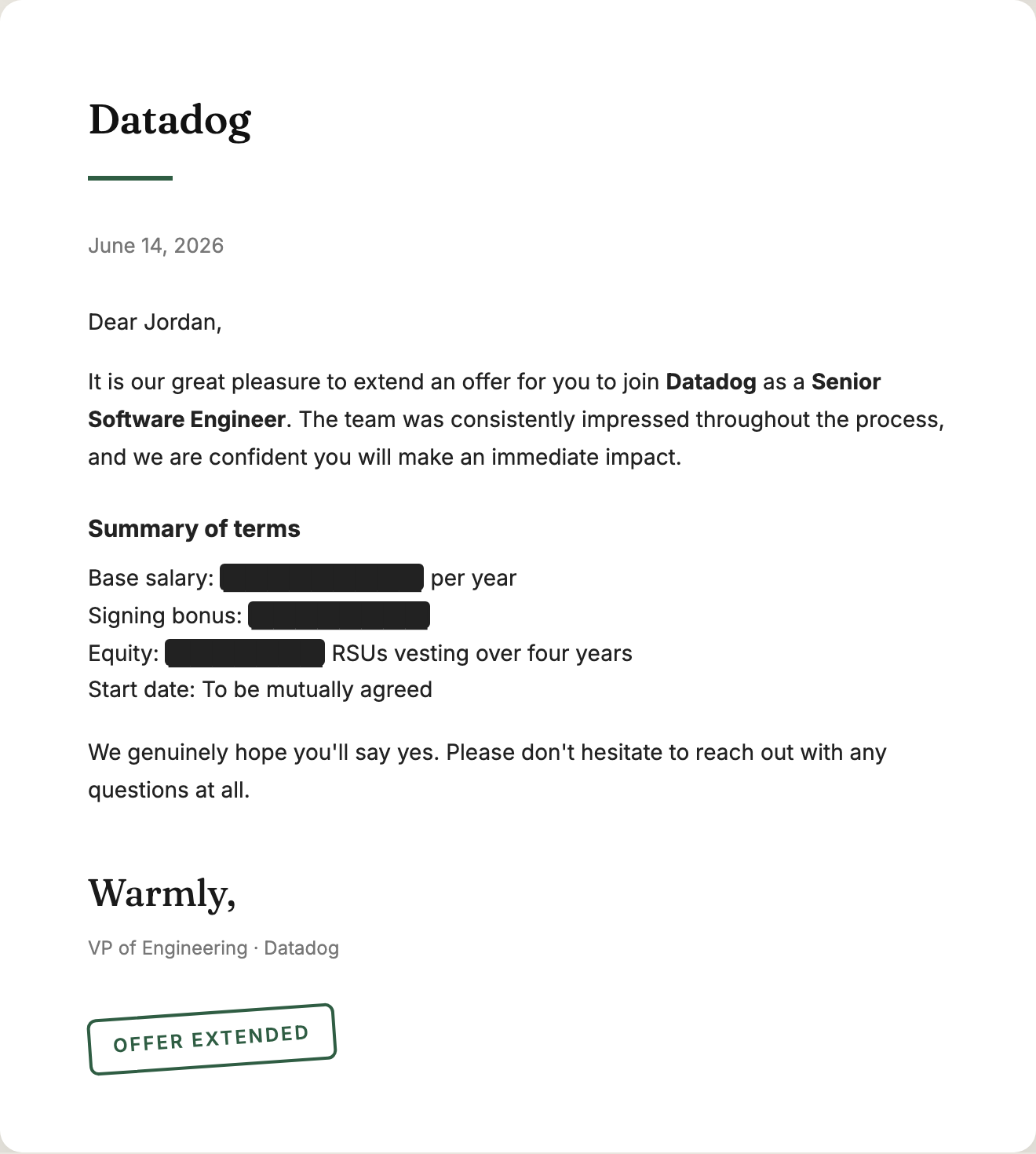 Offer letter, compensation redacted